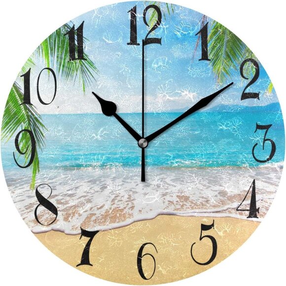 ZOEO Palm Trees Hawaiian Tropical Seashore Beach Clock Painted Silent Non-Tickin